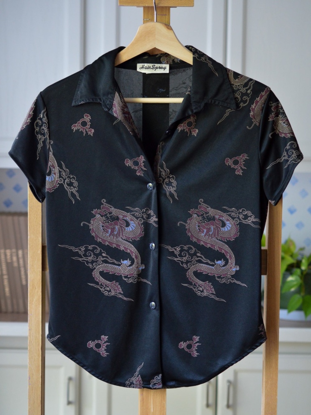Vintage Y2K HairSpray Black Satin Chinese Dragon Graphic Button Down Blouse